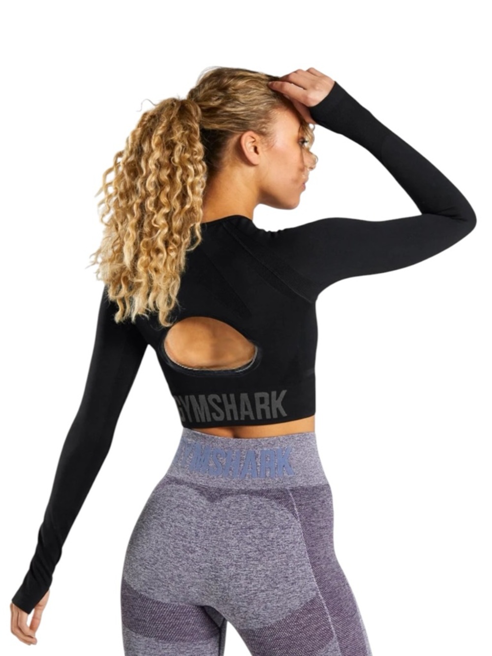 Gymshark Black Seamless Crop Top Long Sleeve Open Back Thumbholes - Sculpting